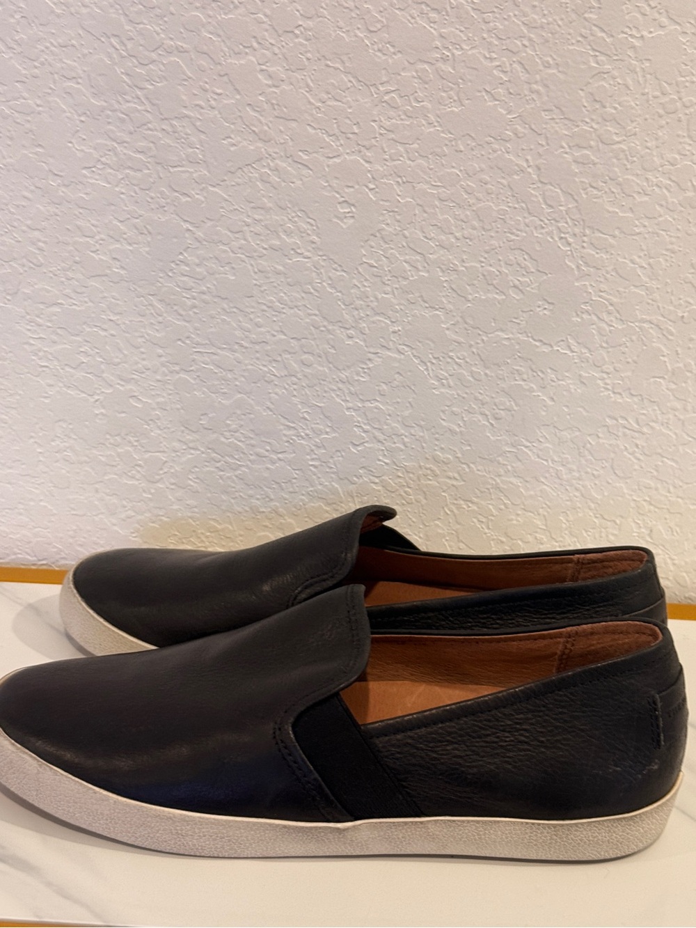 Frye Black Leather Slip-On Loafers with White Sole
